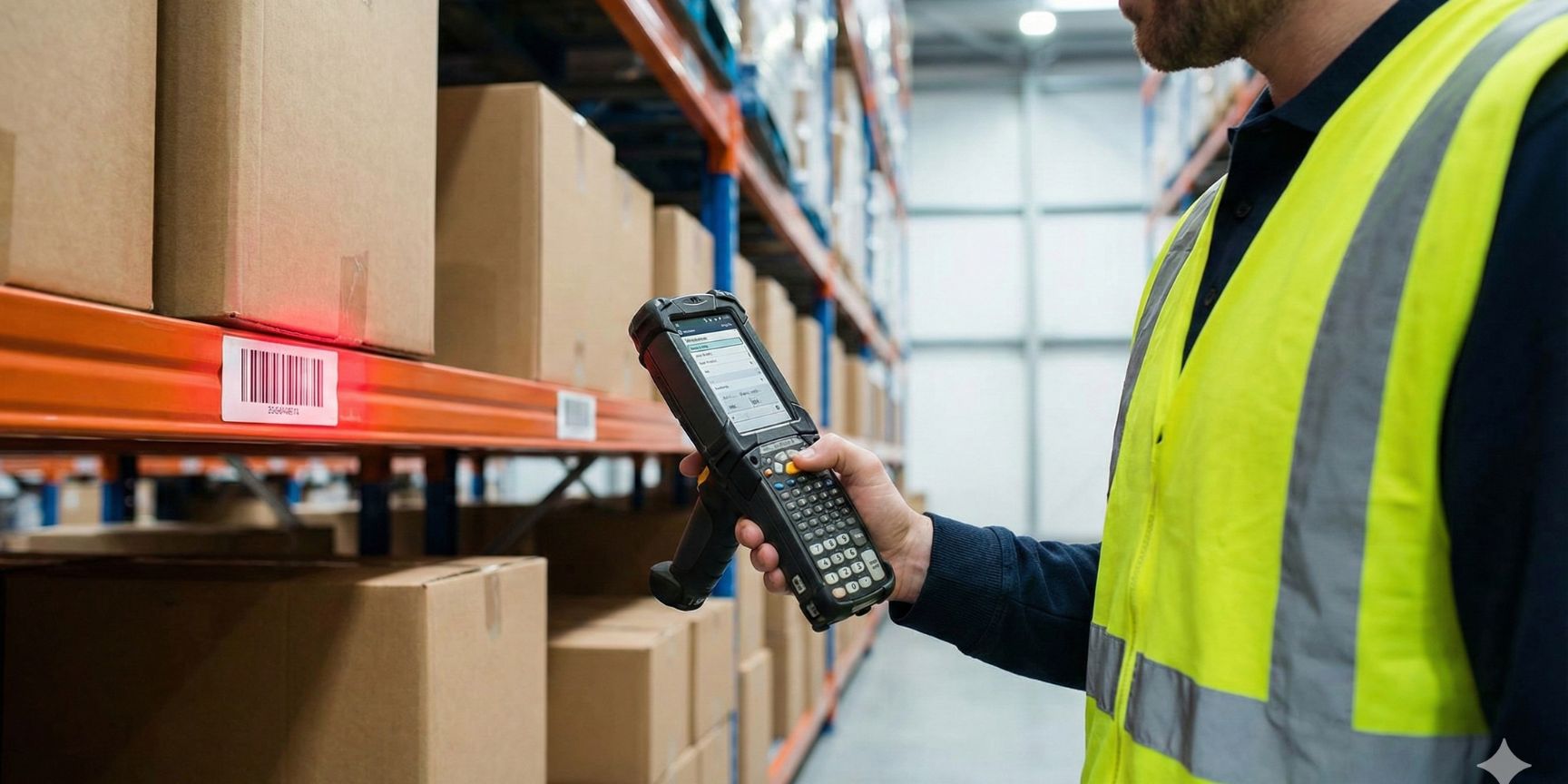 A warehouse employee in a high-visibility vest uses a rugged mobile data capture device (MDA) to scan a barcode at a high-bay location in a modern logistics center.